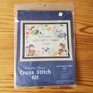 Vintage 1981 18x14 Cross Stitch Kit God Doesn't Make Junk Something Special